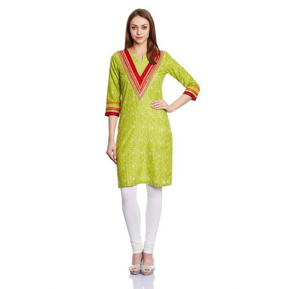 In-Sattva Women's Indian Floral Cheerful Green Kurta Tunic with Contrasting Trim