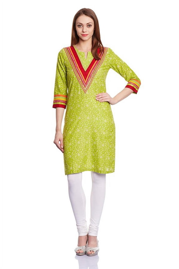 In-Sattva Women's Indian Floral Cheerful Green Kurta Tunic with Contrasting Trim