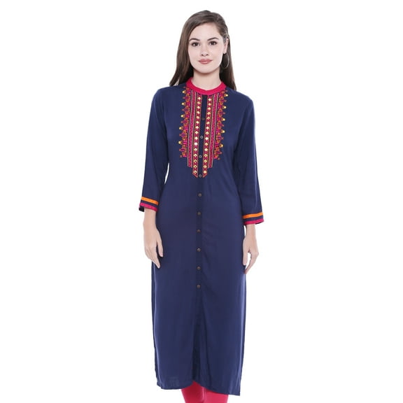 In-Sattva Women's Patterned Yoke Button Down Indian Kurta Tunic Shirt