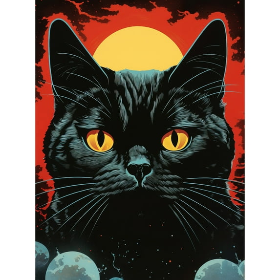 In the Shadow of the Celestial Black Cat Vintage Pulp Art Sci-Fi Cover Artwork Red Yellow Blue Solar Eclipse Unframed Wall Art Print Poster Home Decor Premium