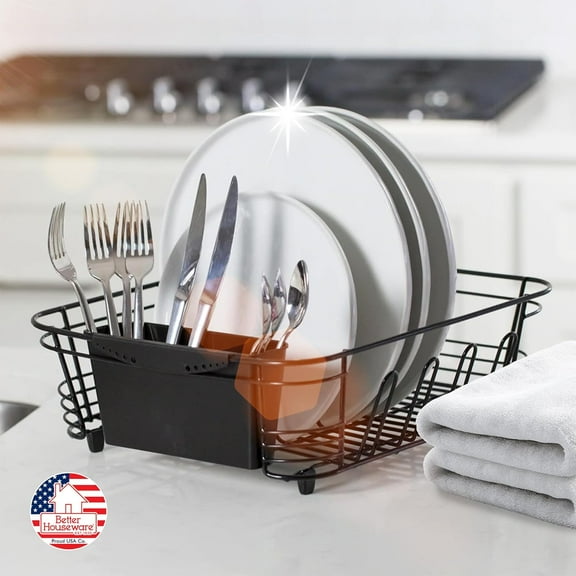 In Sink Dish Drying Rack, Stainless Steel Space-Saving Design with Non-Slip Handles and Utensil Holder, 2-Piece Set for Kitchen Counter, Black