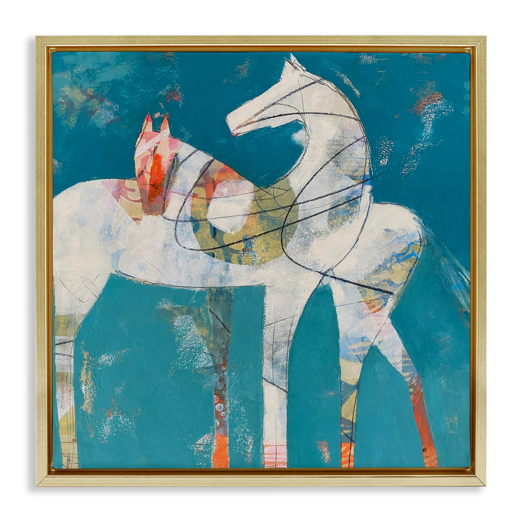 In Sync Abstract Horse Pair Gold Framed Floater Canvas Wall Art, design by Dianna Fritzler