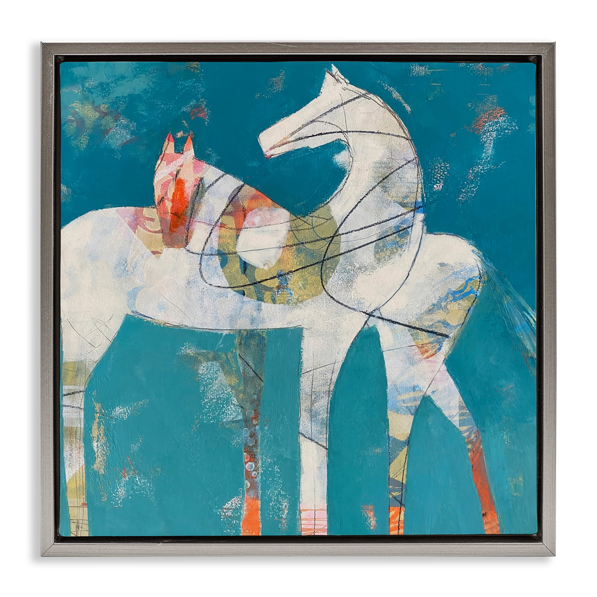 In Sync Abstract Horse Pair Gray Framed Floater Canvas Wall Art, design by Dianna Fritzler