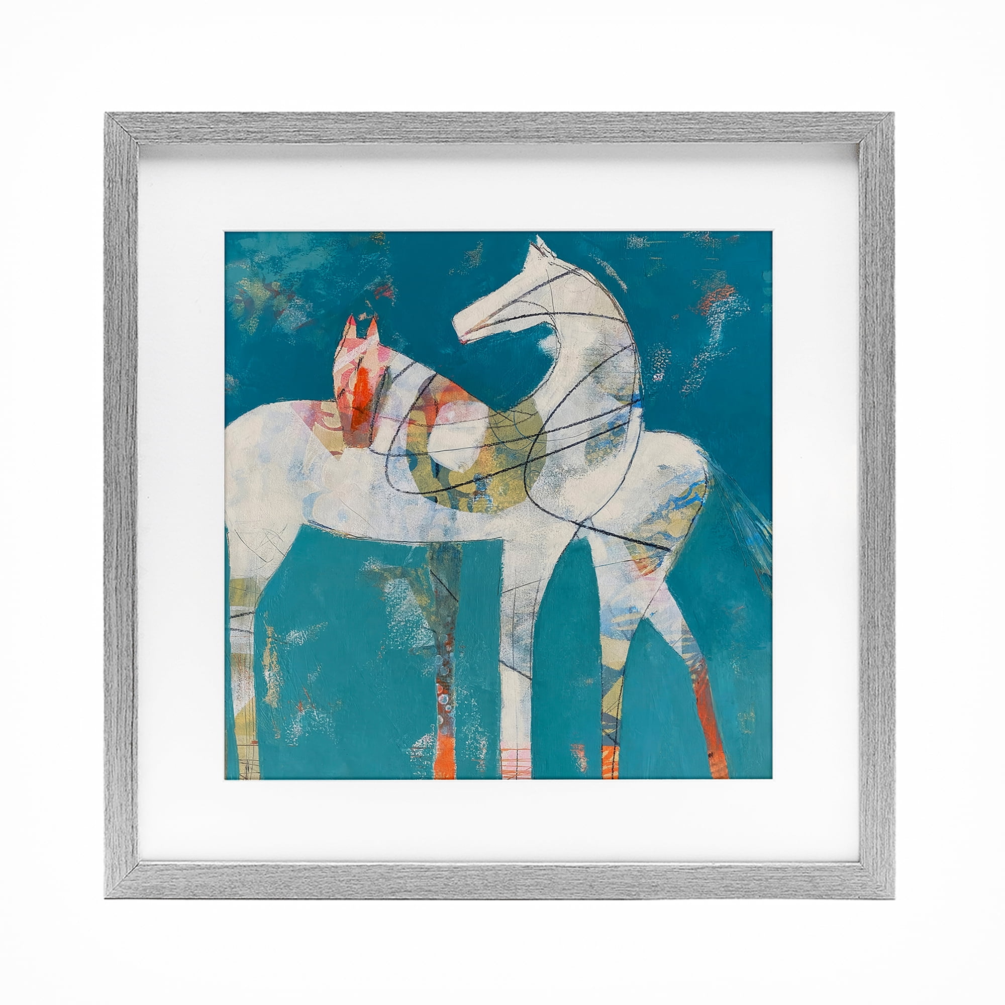 In Sync Abstract Horse Pair Gray Framed Print Under Glass, design by Dianna Fritzler