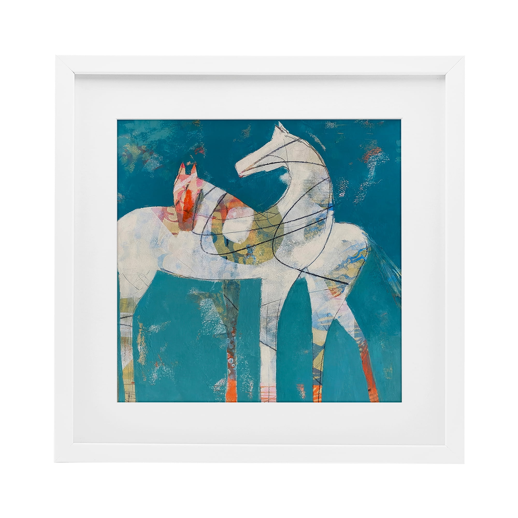 In Sync Abstract Horse Pair White Framed Print Under Glass, design by Dianna Fritzler