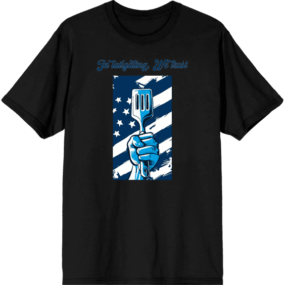In Tailgating We Trust American Flag And Spatula Adult Black Crew Neck Short Sleeve Tee-XL