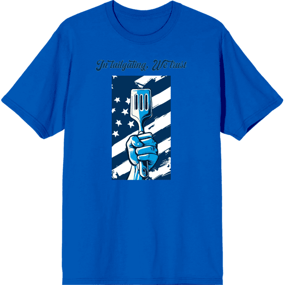 In Tailgating We Trust American Flag And Spatula Adult Royal Blue Crew Neck Short Sleeve Tee-3XL