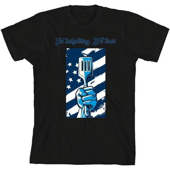 In Tailgating We Trust American Flag And Spatula Youth Black Crew Neck Short Sleeve Tee-Small