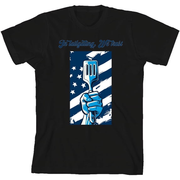 In Tailgating We Trust American Flag And Spatula Youth Black Crew Neck Short Sleeve Tee-XS