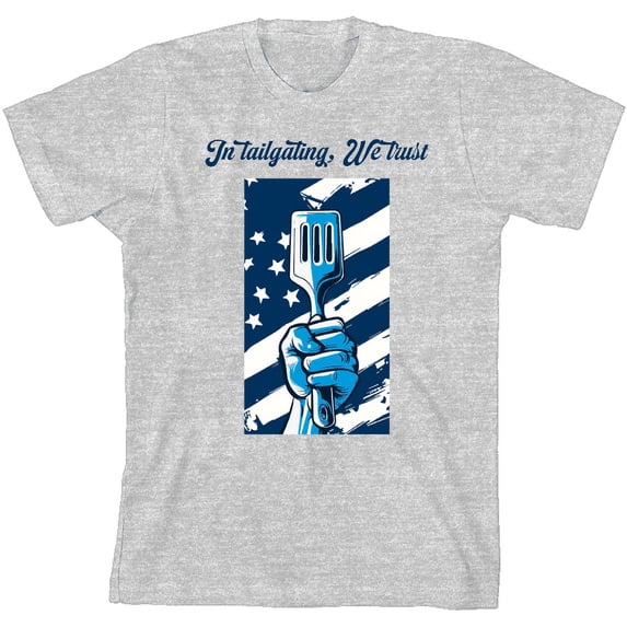 In Tailgating We Trust American Flag And Spatula Youth Heather Gray Crew Neck Short Sleeve Tee-Small