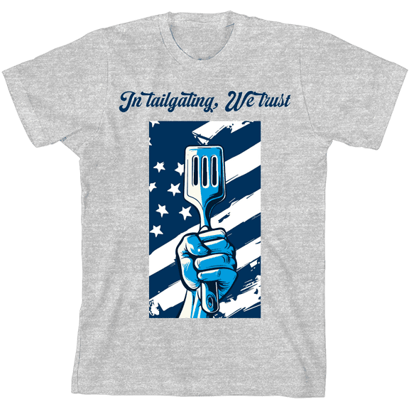 "In Tailgating We Trust" American Flag And Spatula Youth Heather Gray Short Sleeve Tee-XS