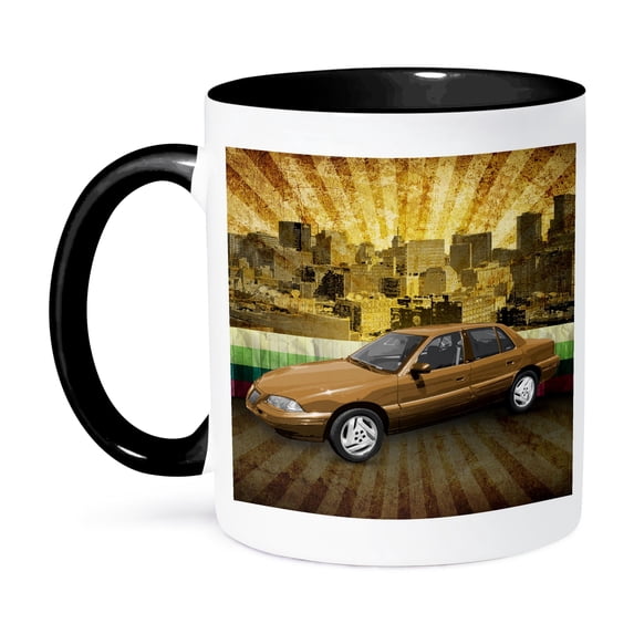3dRose, In The City textured graphic design features a car in urban city landscape, 11oz Two-Tone Black Mug