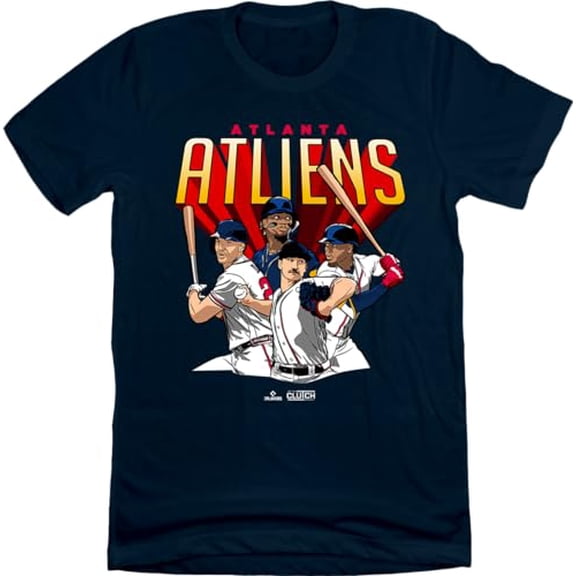 In The Clutch Atlanta Atliens Youth T-Shirt, Ronald Acuña, Spencer Strider, Ozzie Albies, and Matt Olson, Atlanta Baseball, Navy, YS