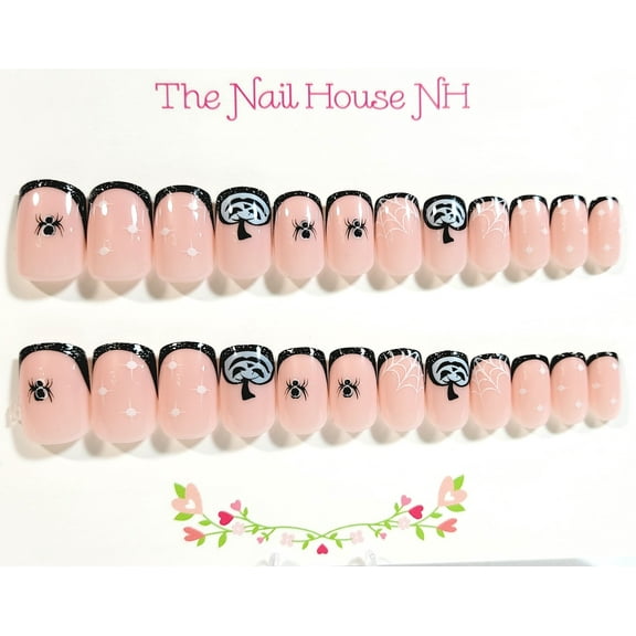 In The Pink Halloween French Manicure Short Square Press On Nails - 24 Pieces - Artificial Nail Kit