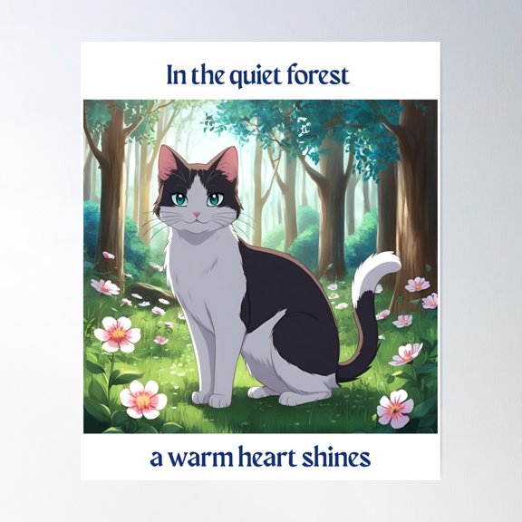 In The Quiet Forest, A Warm Heart Shines – Cute Cat In Blooming Nature Poster Wall Art, Modern Wall Decor, 24x36 UNFRAMED
