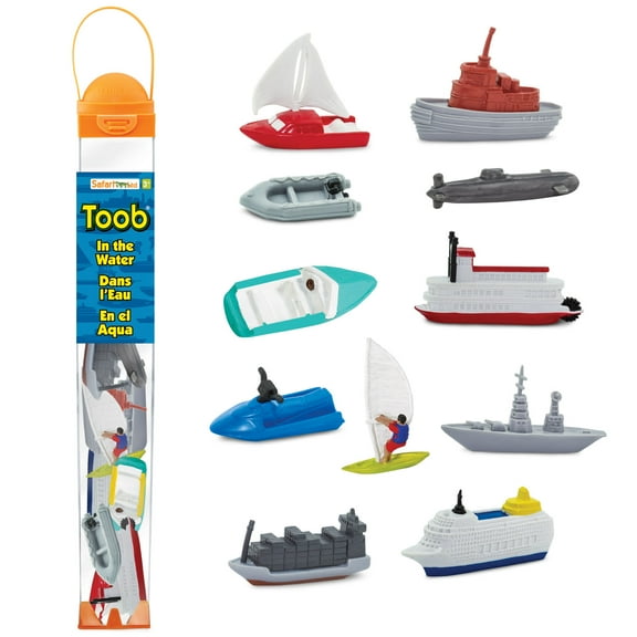 Safari Ltd. In the Water TOOB - Figurines of Jet Ski, Raft, Submarine, Motorboat, Windsurfer, Battleship, Cruise, Steam, Sail, Tug, Cargo Boat - Educational Toy Figures For Boys, Girls & Kids Ages 3+