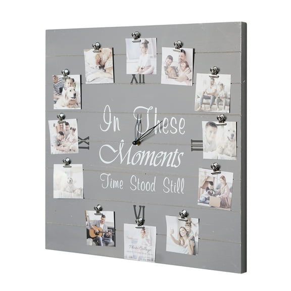 In These Moments Gray Wood Plank Photo Collage Clock with Picture Clip - 20" x 20"