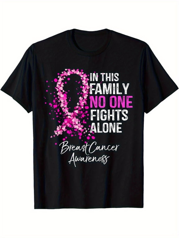 In This Family No One Fights Alone Breast Cancer Awareness T‑Shirt, Pink Heart Ribbon Graphic Short Sleeve Casual Support Tee for Men Women