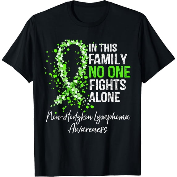 In This Family No One Fights Alone Non-Hodgkin Lymphoma T-ShirtMen's and women's gift, black and white T-shirt, size: Extra large S-4XL