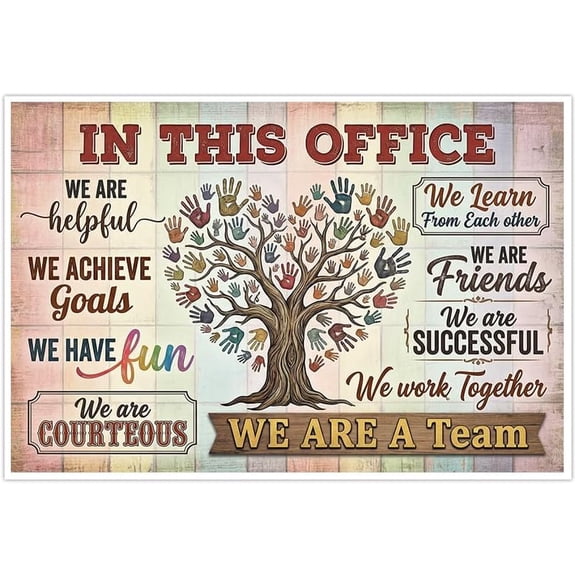 In This Office We Are A Team Wall Art Canvas Prints,Decorative Poster with Handprint Tree Design for Office Motivation and Teamwork Inspiration