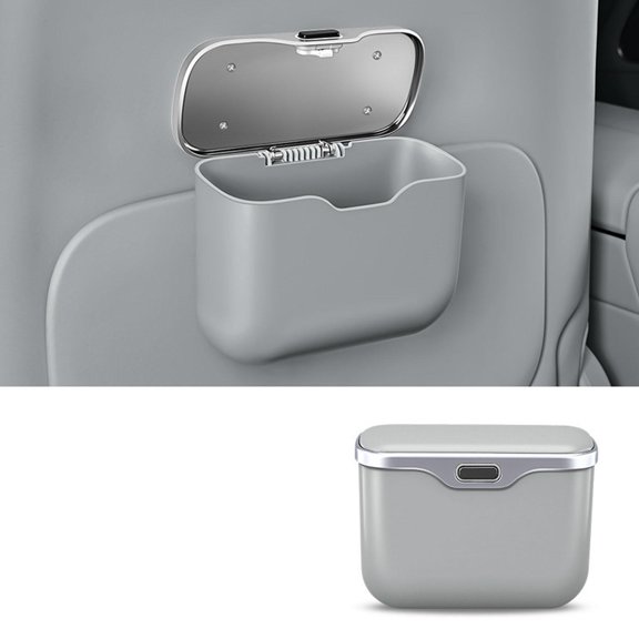 In-Vehicle Waste Management, Mini Trash Can for Car, Clip-On Car Trash Can for Back Seat, Small Garbage Can with Lid, 6X5 Inch Gray Hanging Sundries Storage Pouch for Interior Car
