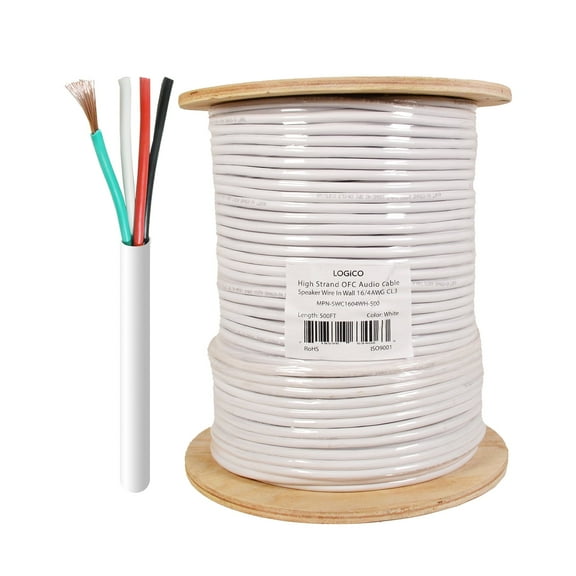 In Wall Audio Speaker Cable Wire 16/4 Gauge/AWG OFC Pure Copper 500ft White