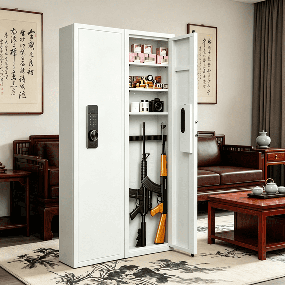 In-Wall Rifle Safe, 53"H Fingerprint Touch Panel Gun Safe with Adjustable Shelves, Hidden Steel Security Cabinet, 4 Unlock Methods, White