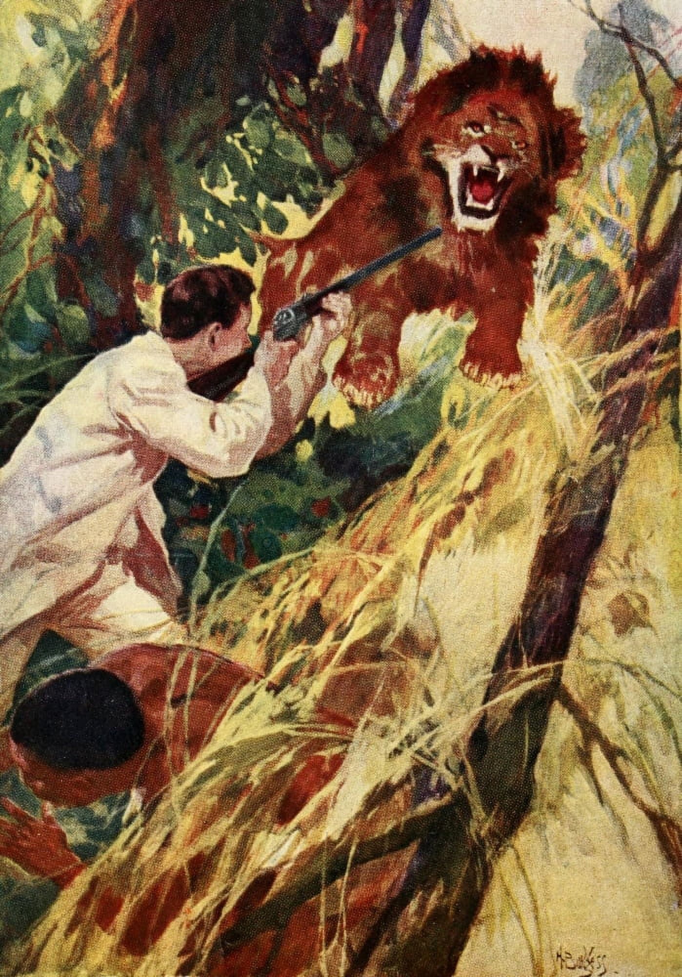 In Wild Africa 1895 Lion attack Canvas Art - H Burgess (18 x 24)