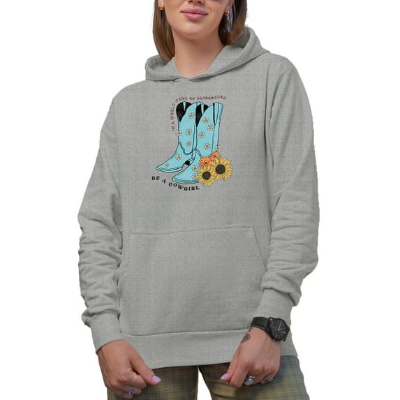 In a World Full of Princesses, Be a Cowgirl with Retro Cowboy Boots Art Merch Gift, Heather Grey Hooded Sweatshirt or Hoodie, Small