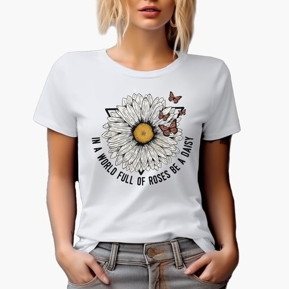 In a World Full of Roses, Be a Daisy Quote with Butterflies Art Merch Gift, White T-Shirt, Medium