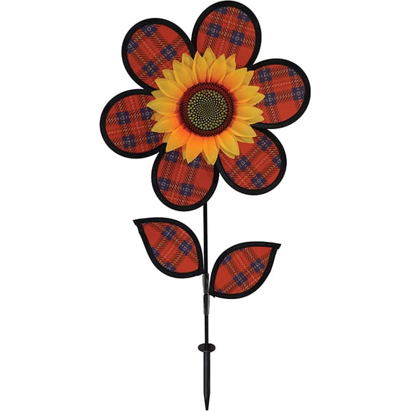 In the Breeze 2646 12-Inch Red Plaid Sunflower Spinner with Leaves Colorful Flower Wind Spinner for Your Yard or Garden