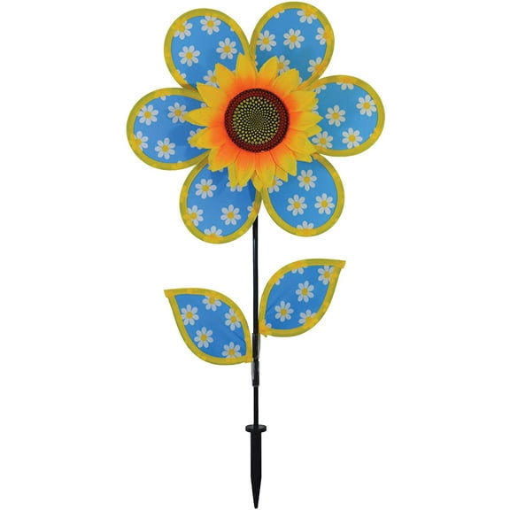 In the Breeze 2658 — 12 Inch Daisy Sunflower Wind Spinner with Leaves — Colorful Flower for your Yard and Garden