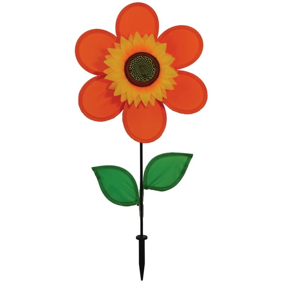 In the Breeze 2704 - 12 Inch Orange Sunflower Wind Spinner with Leaves - Colorful Flower Spinner for your Yard and Garden
