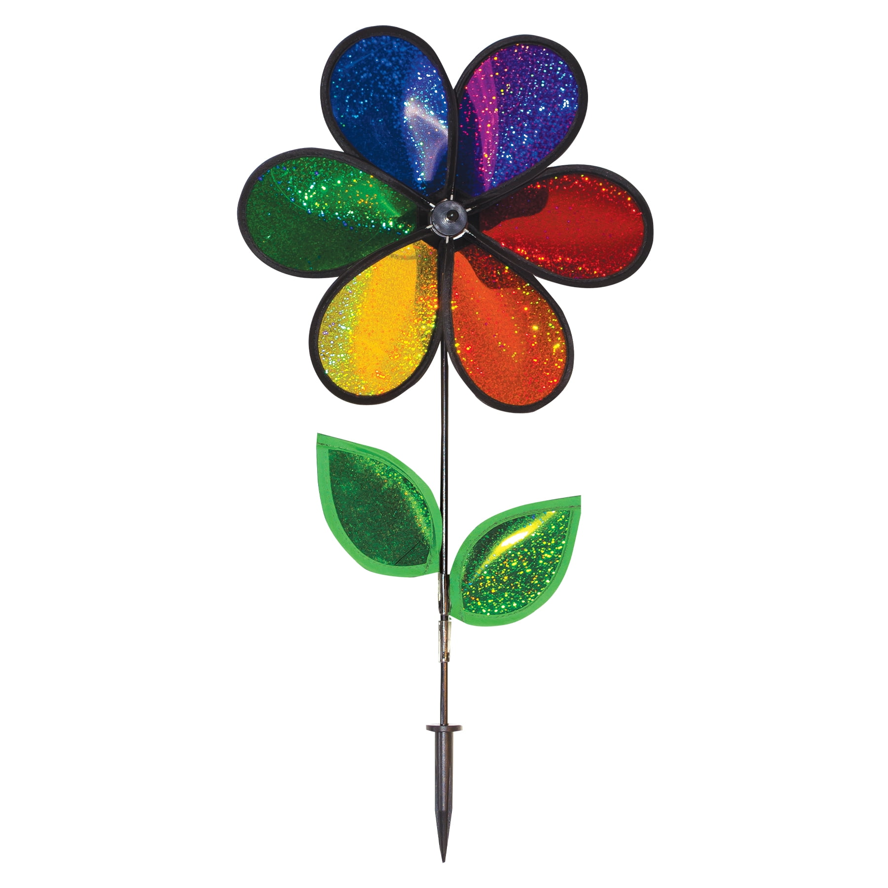 12-Inch Rainbow Sparkle Mylar Flower Wind Spinner with Leaves