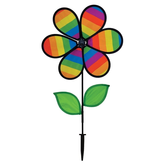 In the Breeze 2792 — Rainbow Stripe Flower Spinner with Leaves, 12-Inch — Colorful Garden Wind Spinner