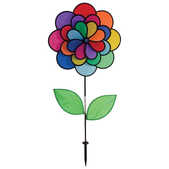In the Breeze 2797 — Triple Wheel Flower with Leaves — Ground Stake Included — Colorful Wind Spinner for your Yard or Garden