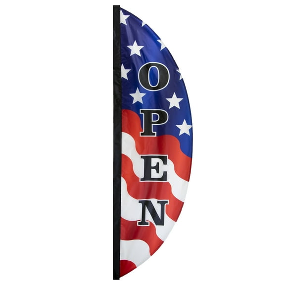 In the Breeze 4545  8' Open Patriotic Feather Banner  Vibrant OPEN Business Flag, Right Reading on Both Sides