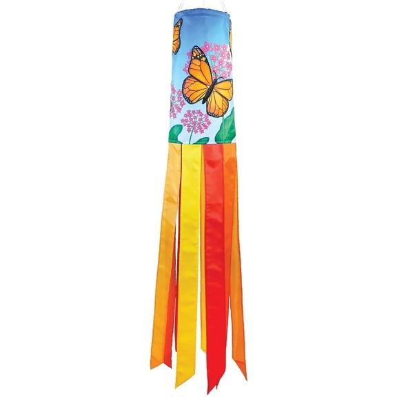 In the Breeze 5213 — Monarch Butterfly 40-inch Inspiration Windsock — Colorful Hanging Garden Décor with Embroidered Details
