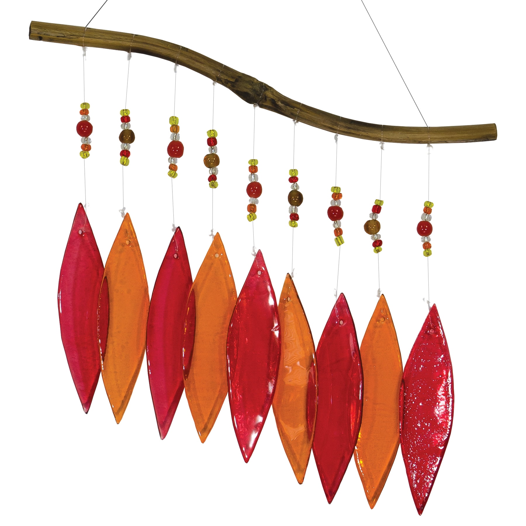 Fiery Red and Orange Glass Bead Wind Chime with Bamboo Hanger