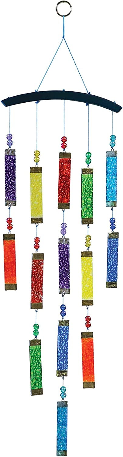 Rainbow Textured Glass and Wood Wind Chime