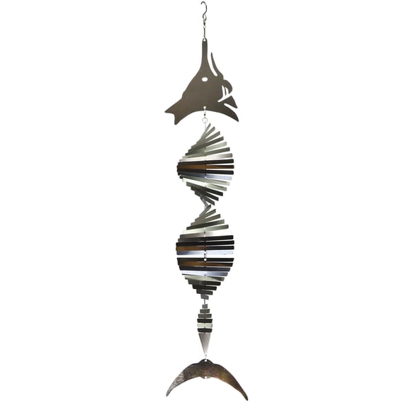 In the Breeze 7062 — Marlin Fish Shimmer Helix Hanging Wind Spinner — Stainless Steel Outdoor Hanging Fish Decor