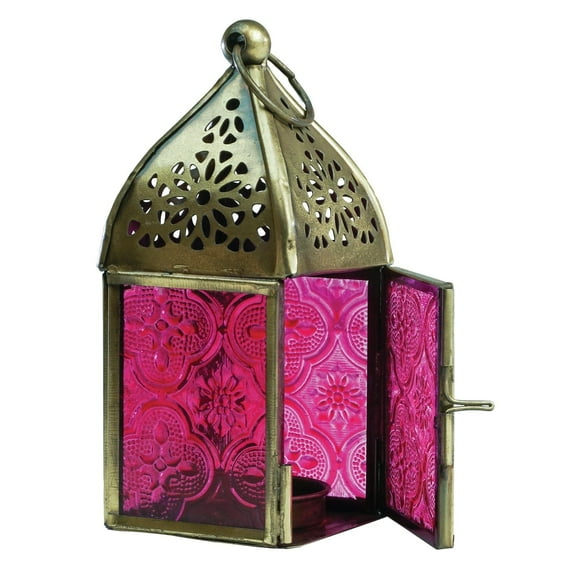 In the Breeze 9200  Pink Mini Square Tealight Lantern  Moroccan-Style Boho Chic Tealight Glass and Metal Tabletop Lantern