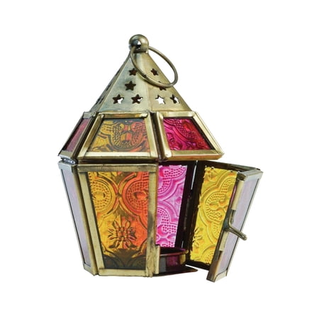 In the Breeze 9204 — Pink & Yellow Mini Hex Tealight Lantern — Moroccan-Style Boho Chic Tealight Glass and Metal Tabletop Lantern