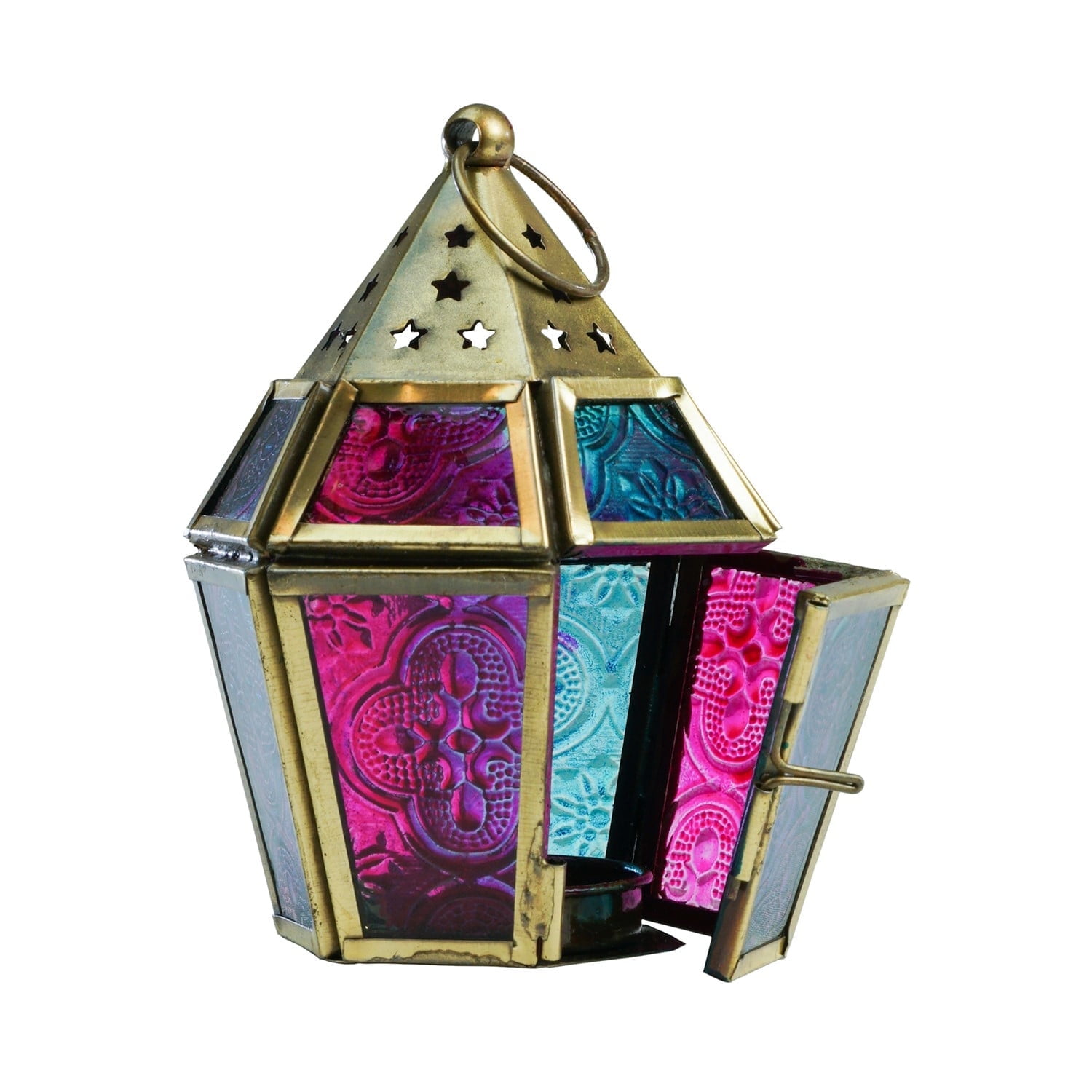 In the Breeze 9206 — Teal & Pink Mini Hex Tealight Lantern — Moroccan-Style Boho Chic Tealight Glass and Metal Tabletop Lantern