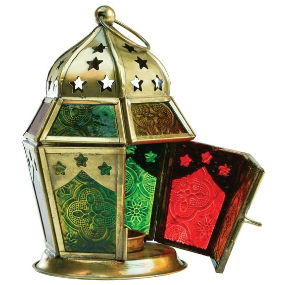 In the Breeze 9211 Red, Yellow & Green Hex Tealight Lantern Moroccan-Style Boho Chic Tealight Glass and Metal Tabletop Lantern