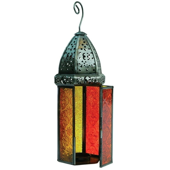 In the Breeze 9214 Orange & Yellow Large Hex Tealight Lantern Moroccan-Style Boho Chic Tealight Glass and Metal Tabletop Lantern