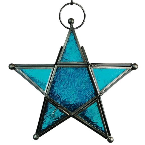 In the Breeze 9220 — Teal 5-Point Star Tealight Lantern — Moroccan-Style Boho Chic Glass and Metal Tealight Hanging Lantern