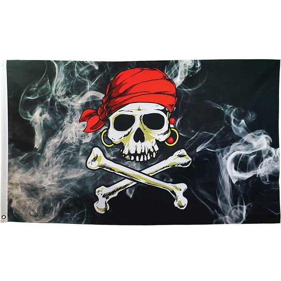 In the Breeze 3713 — Smokin' Pirate Printed 3x5 Double Sided Grommet Flag, Outdoor Pirate Flag