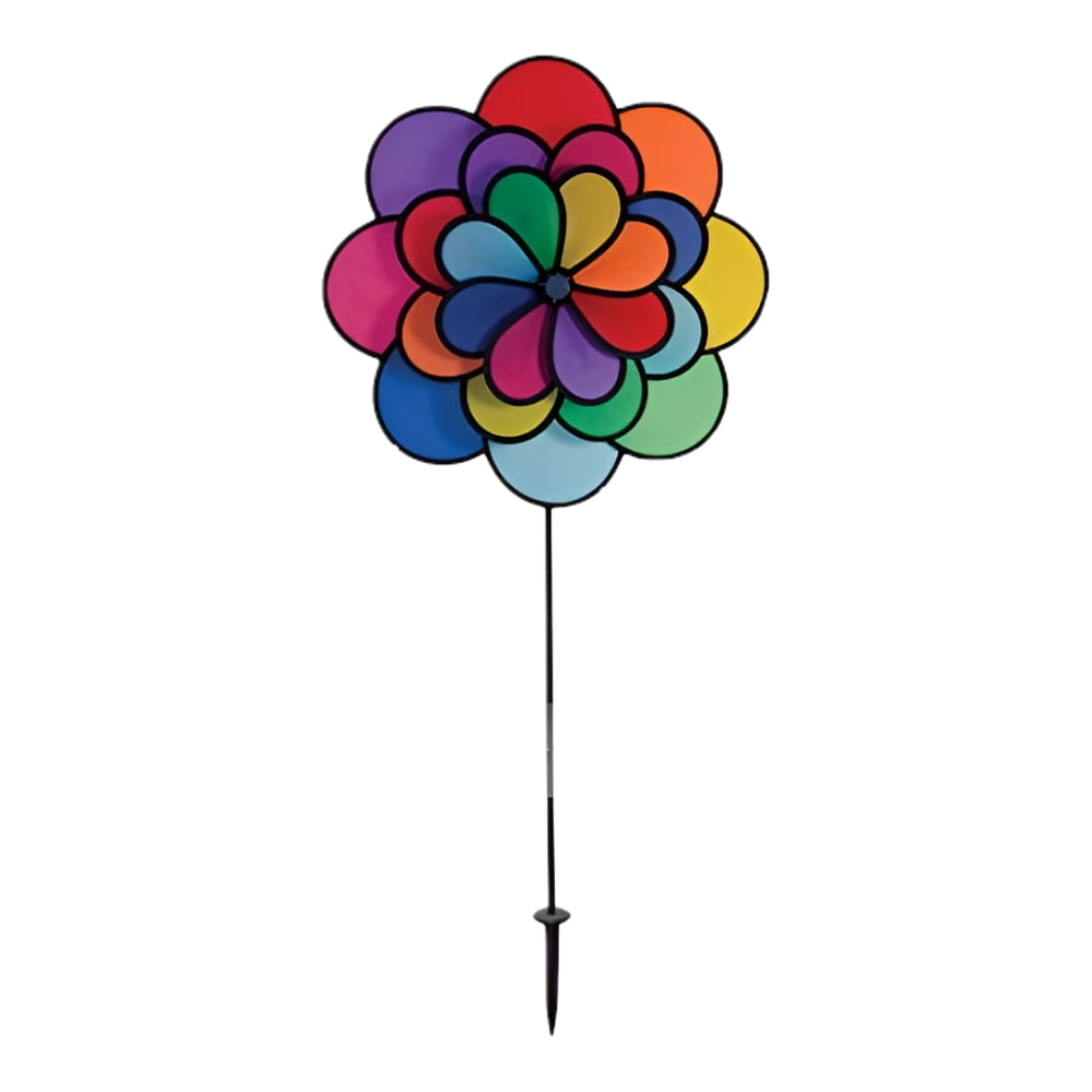 Colorful Triple Wheel Flower Wind Spinner with Ground Stake