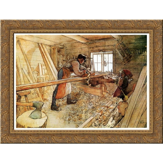 In the Carpenter Shop 24x18 Gold Ornate Wood Framed Canvas Art by Carl Larsson